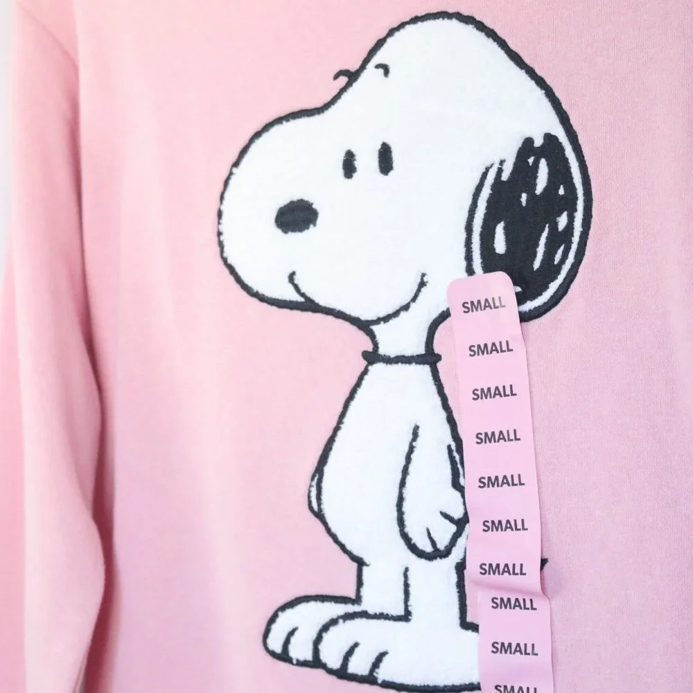 Peanuts | Snoopy Chenille Embroidered Patch Soft Fleece Pink Sweatshirt NWT | S - Picture 3 of 13